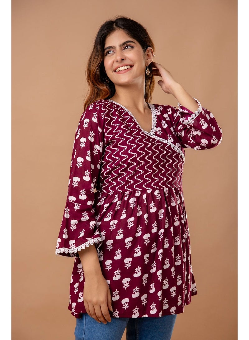 Aasira Maroon Floral Printed Top for Women - Image 3